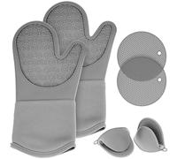 QWORK® Lot de 6 maniques Cuisine en Silicone, 1 Paire de Gants de Cuisine, 2 maniques et 2 Mini Gants de Four, pour Barbecue, pâtisserie, Micro-Ondes, Gris