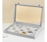QWORK® Organiseur de boucles d'oreilles en velours avec couvercle transparent, vitrine à bijoux verrouillable pour 40 paires,gris