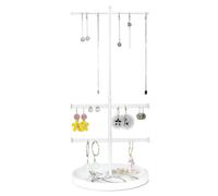 QWORK® Porte à bijoux réglable en blanc pour colliers, bracelets, Boucles d'oreilles, Hauteur réglable de 24 à 42 cm, Capacité de 68 trous pour 34 paires de boucles d'oreilles