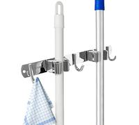 QWORK® Porte Balai Mural Autocollant, Accroche Balai Mural en Acier Inoxydable avec 2 Emplacements et 3 Crochets pour Cuisine, Salle de Bain, Garage, Jardin (Vis Incluses)