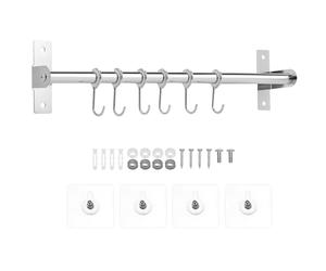 QWORK® Porte ustensiles cuisine mural, support ustensiles cuisine en acier inoxydable 40 cm avec 6 crochets mobiles, installation autocollante et par vis, pour cuisine, dressing et salle de bain