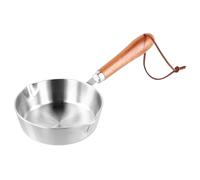 QWORK Pot à beurre avec poignée en bois, pichet à mousse de lait en acier inoxydable, 192,8 g - Double bec verseur, pour café, latte art, faire fondre le chocolat, chauffer et cuisiner