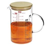 QWORK® Verre Doseur en Verre Borosilicaté 1000ml avec Couvercle en Bambou - Échelle Multipl - Passe au Micro-ondes - Idéal pour Jus, Lait et Pâtisserie