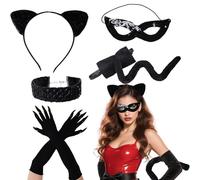 Qwrqwr Costume de femme chat pour adulte avec paillettes, masque de mascarade, griffes, oreilles, bandeau et queue, accessoire de déguisement gothique pour fêtes d'Halloween UK (5)