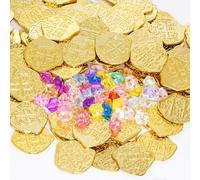 Qwrqwr Lot de 100 pièces d'or au trésor de pirate pour enfants avec 50 pierres précieuses, parfaites pour la décoration de pirates et les anniversaires d'enfants, la chasse au trésor, les jeux, les