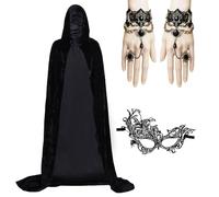 Qwrqwr Lot de 4 capes en velours noir pour Halloween, 170 cm, avec masque, chaîne, ensemble médiéval, vampire et sorcière, accessoire pour carnaval, fête, cosplay, 170 cm