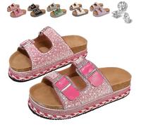 QWSYGH Women's Versatile Rhinestone Platform Slippers, Fashionable Casual Double Buckles Comfortable Open Toe Platform Slipper (Rose red,38)