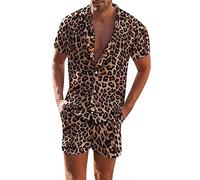 QWUVEDS Combinaison de sport d'été pour homme - Mode léopard - Décontractée - Manches courtes - Short en coton - Deux pièces - Short de plage - Petite valise à main ample - Décontractée à la maison -