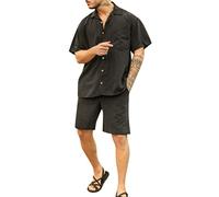 QWUVEDS Ensemble de 2 pièces en lin pour homme à manches courtes, col rabattu, chemises avec poche et short, pantalon de plage d'été couleur pure, combinaison d'entraînement pour homme, 0601c-noir, M