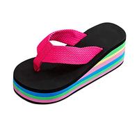 QWUVEDS Pantoufles d'été pour femme - Tongs pour femme - Sandales compensées à fleurs - Tongs de couleur - Semelle épaisse - Sandales d'été décontractées - Chaussures de plage, rouge, 37 EU