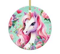 QWVBN Décoration de Noël ronde en céramique à suspendre, licorne rose, décoration festive, convient comme cadeau pour les amis, sœurs, etc.