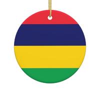 QWVBN Drapeau de l'île Maurice Noël rond en céramique à suspendre, décoration festive, convient comme cadeau pour les amis, sœurs, etc.