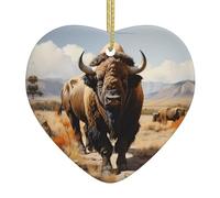 QWVBN Pendentif en forme de cœur en céramique imprimé troupeau de bison d'Amérique du Nord - Décoration à suspendre - Cadeau idéal pour les amis et la famille