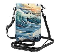 Qwvbn Sac à bandoulière à rabat en cuir avec motif mouette, motif vague, doux et imperméable, peut être utilisé comme portefeuille, avec une bandoulière amovible.
