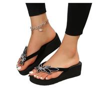 QWWQYDY Sandalette Femme Sandales d'été avec fleurs en diamant brillant, talon épais, bout rond, tongs confortables for femmes, nouvelle collection(Black,38)