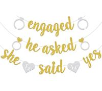 Qxcv Bannière « Engaged He Asked She Said Yes », paillettes dorées, décoration de fête de mariage, de fiançailles, toile de fond