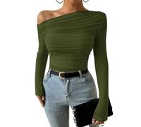 QXDZSW Automne Hiver Top Femmes Automne Off L'épaule Manches Longues Chemises Crop Tops Slim Fit Blouses Vêtements Streetwear, 3, L