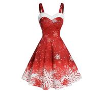 QXDZSW Dressfo Robe de Noël pour femme avec imprimé flocon de neige et forêt, mini robe caraco en fausse fourrure avec encolure en cœur et buste froncé, Rouge 5906, XL