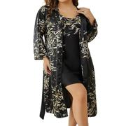 QXDZSW Ensemble de vêtements de détente floraux en satin de soie avec ceinture Robe caraco chemise de nuit deux pièces élégante pour toutes les saisons, Noir , M
