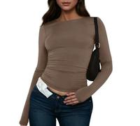 QXDZSW T-shirt décontracté à manches longues pour femme style minimaliste couleur unie col rond haut féminin décontracté skinny vêtements quotidiens, marron, M