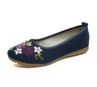 QXDZSW Vintage Brodé Femmes Flats Fleur Slip On Coton Tissu Lin Confortable Vieille Chaussures Plates, bleu, 38.5 EU