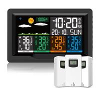 Qxmcov Station Météo sans Fil avec Capteur, Thermomètre Hygromètre Numériques Intérieure/Extérieure, Ecran LCD Couleur, Calendrier l'horloge Réveil Snooze Prévisions Température Humidité 12CM-New