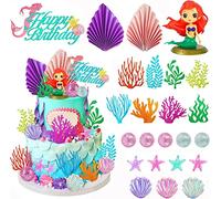 QXNDXQ Lot de 24 décorations de gâteau en forme de sirène, avec modèle Ariel, feuilles de palmier, animaux marins et balles, décoration pour fête d'anniversaire, baptême