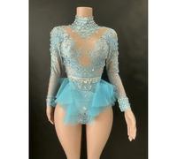 QXWD Body à Strass Scintillants pour Femme, Justaucorps élastique en Maille Rose à Volants et Cristaux, Tenue de Danseuse de discothèque, Tenue de scène