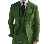 QXWD Costume 3 pièces pour Homme, en Laine Verte, Motif rétro à Chevrons, Smoking en Tweed pour Mariage (Blazer, Pantalon, Gilet)