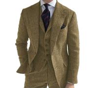 QXWD Costume 3 pièces pour Homme, en Laine Verte, Motif rétro à Chevrons, Smoking en Tweed pour Mariage (Blazer, Pantalon, Gilet)