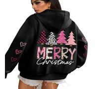 QXWD Merry Christmas The Tree Impression Femmes À Capuche Chaud Confortable À Capuche Col Rond Casual Hoodies Polaire Doux Vêtements Noir