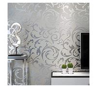 QXYOGO Papier Peint Adhesif Mural Gris Victorien Victorian Damas Wallpaper Rouler Accueil Décor Salon Chambre à coucher Couvertures murales Argent Floral Papier mural de luxe