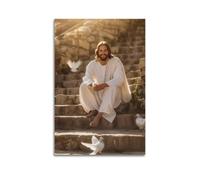 QXYUIN Poster chrétien Jésus assis sur les marches et souriant - Impression sur toile - Esthétique et décorative pour chambre - 60 x 90 cm - Style sans cadre