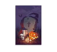 QXYUIN Poster d'illustration sur toile de cimetière d'Halloween, citrouille, lanterne, décoration murale pour chambre, 60 x 90 cm, style sans cadre