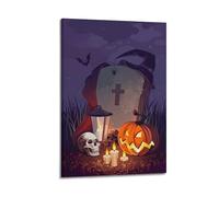 QXYUIN Poster d'illustration sur toile de cimetière d'Halloween, citrouille, lanterne, décoration murale pour chambre, 60 x 90 cm, style cadre