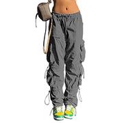 QYANGG Pantalon de Parachute pour Femme, Pantalon Cargo Ample avec Cordon de Serrage, Taille Basse, froncé, Plusieurs Poches, Pantalon de Jogging Y2K, Gris, L