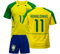 Qycksouth Ronaldinho - Maillot de football brésilien pour enfant - Style 2002 - Jaune - Avec short - Pour garçons et filles - Tenue garçon (4 à 14 ans), jaune, 140 cm