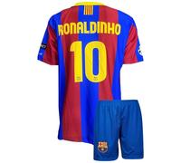 Qycksouth Ronaldinho - N° 10 - Maillot de football nostalgique Barcelone - Pour enfant - Avec short - Édition supporter - (4 à 14 ans), bleu, 164