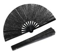 Qyeahkj Grand éventail pliable à paillettes - Noir Rave Clack chinois Tai Chi Kung Fu en tissu pliable décoratif pour EDM, club, fête, danse, spectacle, pour homme et femme