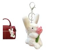 QYEHF Porte-clés Lapin Fluffy, Timide Holding fleur petit lapin blanc rose sac porte - clés lapin,Pendentif de sac à main e voiture, Pendentif sac d'école