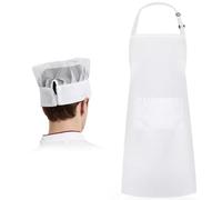QYEHF Tabliers de cuisinier,Tablier de Cuisine Toque de Chef, Tablier Blanc Réglable et Chapeau, Cuisine Maison Restaurant Restauration Toques de Cuisinier Non-tissé, Blanc (Maille supérieure)