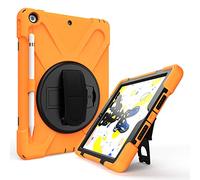 QYiD Coque pour iPad 10.2 2019/iPad 7th Generation Case, Heavy Duty Antichoc Robuste Protection Cover with Pencil Holder, Rotatable Kickstand, Shoulder Belt pour iPad 10.2 A2200/A2198/A2232, Orange