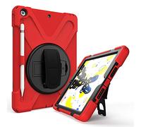 QYiD Coque pour iPad 10.2 2019/iPad 7th Generation Case, Heavy Duty Antichoc Robuste Protection with Pencil Holder, Rotatable Kickstand, Shoulder Belt pour Apple iPad 10.2 A2200/A2198/A2232, Rouge