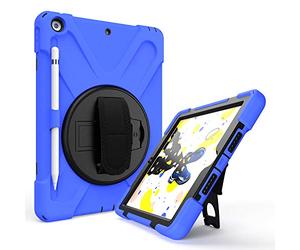 QYiD Coque pour iPad 10.2 2019/iPad 7th Generation Case, Heavy Duty Antichoc Robuste Protection with Pencil Holder, Rotatable Kickstand, Shoulder Belt pour Apple iPad 10.2 A2200/A2198/A2232, Bleu