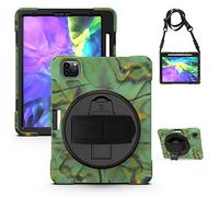 QYiD Coque pour iPad Pro 4th Generation 12.9 Pouce 2020, Heavy Duty Robuste Antichoc Protection avec 360 Rotatif Kickstand/HandStrap, Ceinture d'épaule pour iPad Pro 12.9" 2020/2018, Camouflage