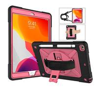 QYiD Étui Antichoc pour iPad 7ème Génération 10.2 Pouces Enfant ou Adult Coque de Robuste avec Porte-Stylet, Support Pivotant, Dragonne pour iPad 10.2 A2197/A2198/A2200 (Noir+Rosa)