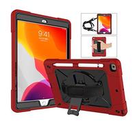QYiD Étui Antichoc pour iPad 7ème Génération 10.2 Pouces Enfant ou Adult Coque de Robuste avec Porte-Stylet, Support Pivotant, Dragonne pour iPad 10.2 A2197/A2198/A2200 (Red+Noir)