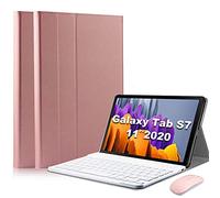 QYiD Étui avec clavier et souris pour Galaxy Tab S7 11" (SM-T870 / SM-T875), Slim PU Case [QWERTY English] Amovible sans fil Bluetooth Clavier pour Galaxy Tab S7 11" 2020, or rose