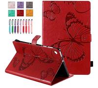 QYiD Étui en cuir PU pour iPad Mini 5 4 3 2 1 Motif papillon embossé Étui portefeuille avec porte-stylo pour Apple iPad Mini 7,9" Rouge