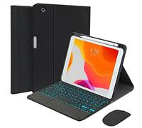 QYiiD Clavier Coque et Souris pour iPad 9.7", iPad 6eme/5eme Génération 2018/2017, iPad Air 2/1, Pro 9.7, Clavier Français AZERTY Rétroéclairé avec Touchpad, Amovible, Housse Coque pour Stylo, Noir